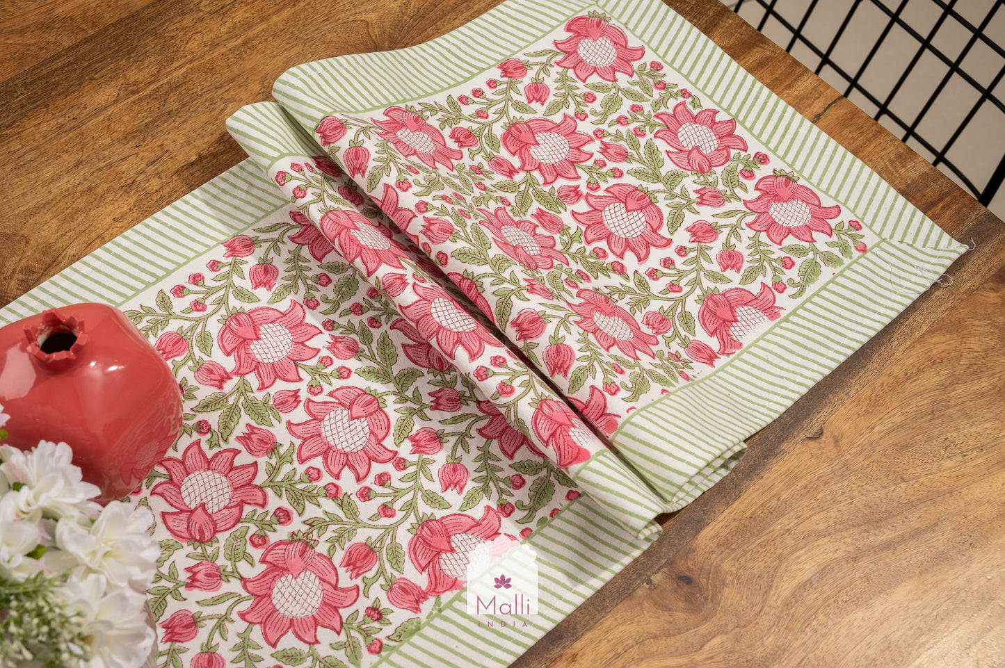 Pink & green mughal jaal design - 6 seater runner in canvas cotton