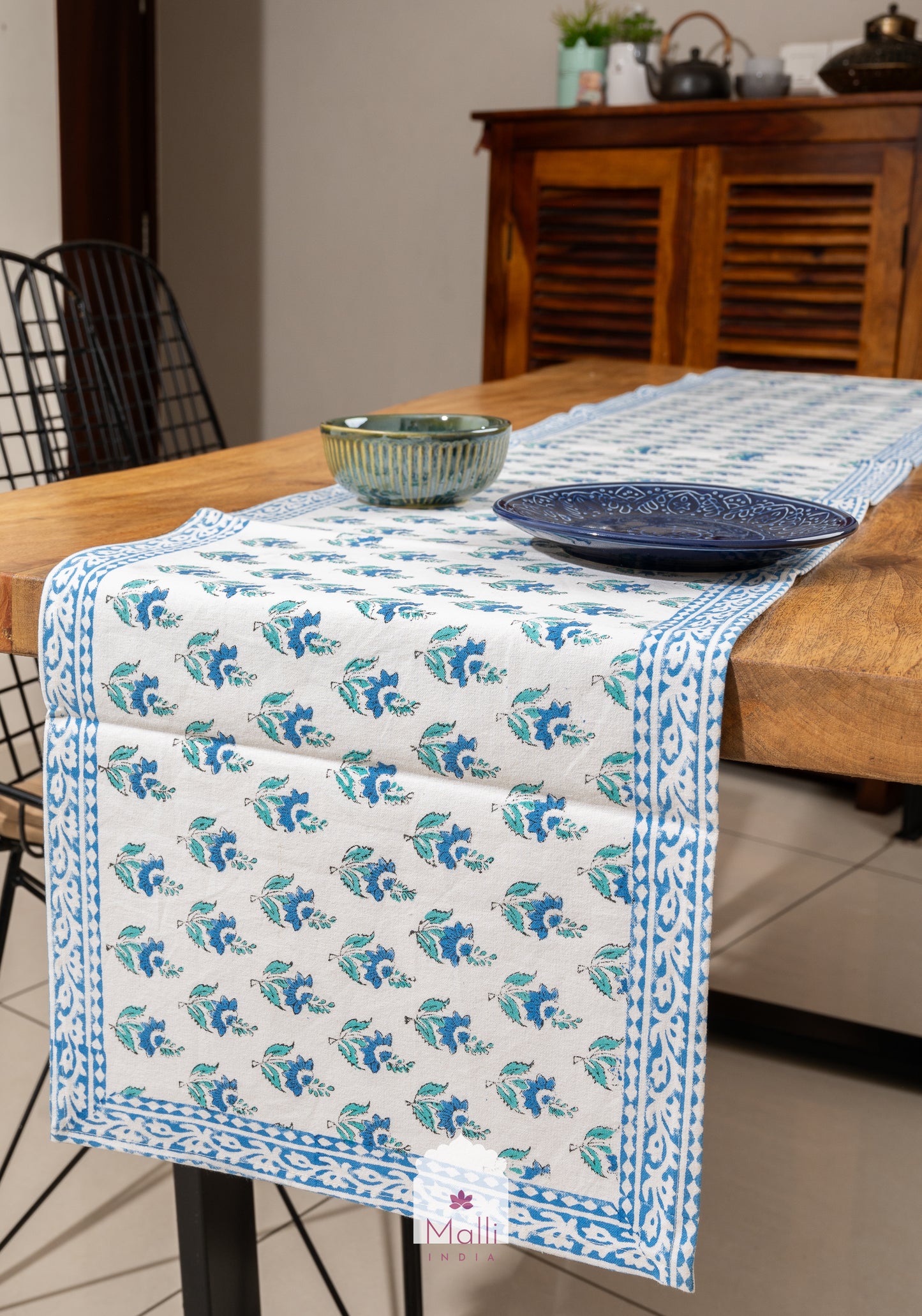 Blue buti and border - 6 seater runner in canvas cotton
