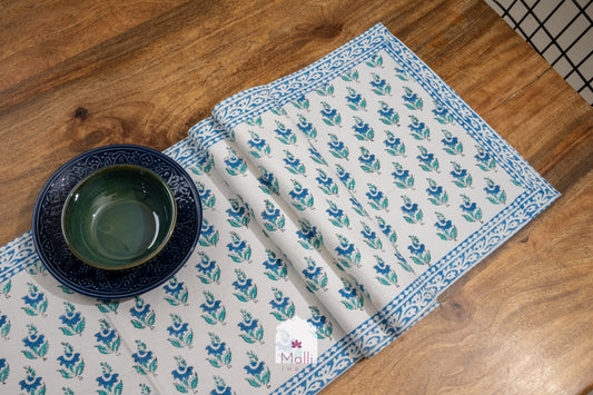 Blue buti and border - 6 seater runner in canvas cotton