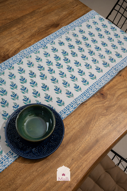 Blue buti and border - 6 seater runner in canvas cotton