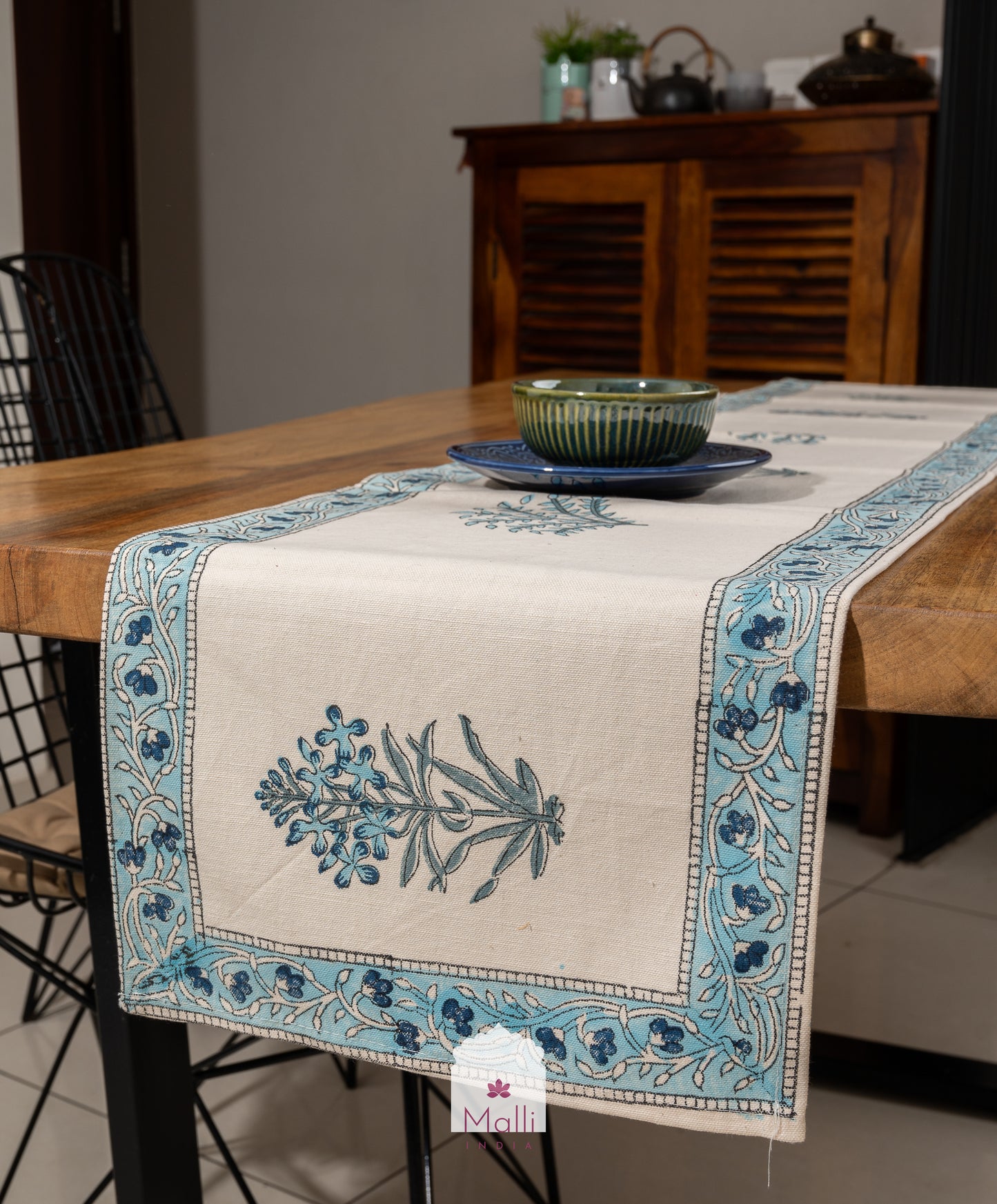 Blue florals on cream base - 6 seater runner in canvas cotton