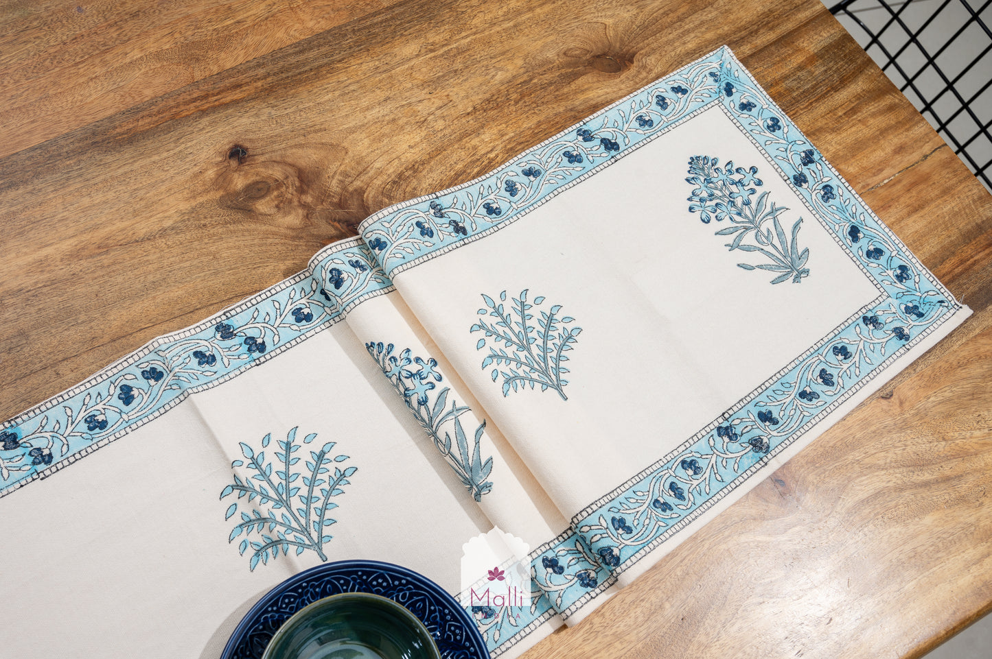 Blue florals on cream base - 6 seater runner in canvas cotton