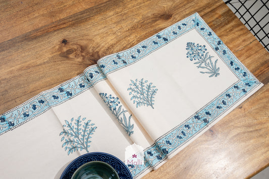 Blue florals on cream base - 6 seater runner in canvas cotton