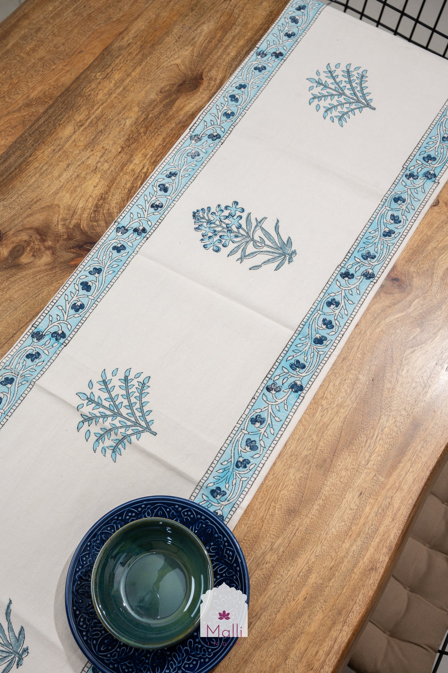 Blue florals on cream base - 6 seater runner in canvas cotton