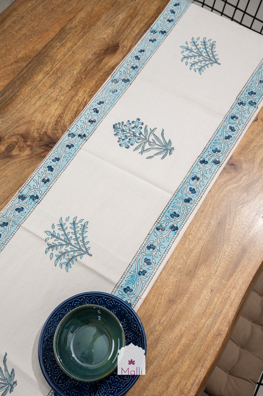 Blue florals on cream base - 6 seater runner in canvas cotton