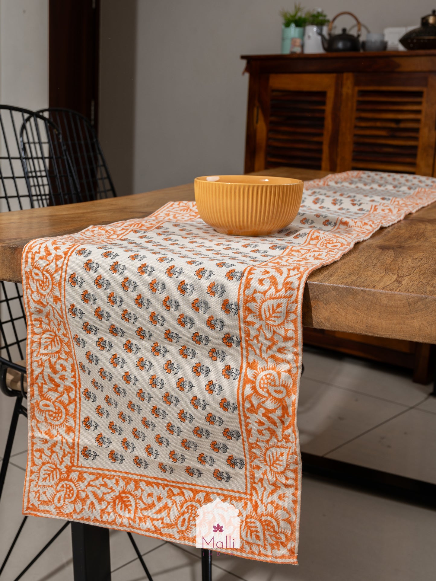 Orange buti with border - 6 seater runner in canvas cotton