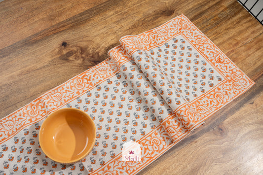 Orange buti with border - 6 seater runner in canvas cotton