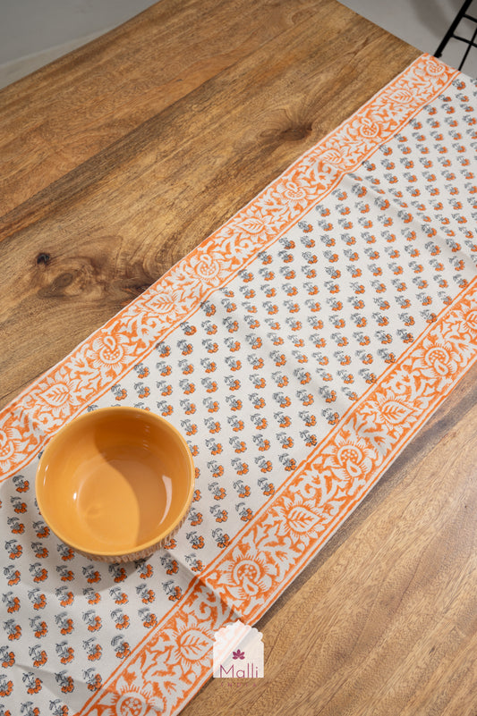 Orange buti with border - 6 seater runner in canvas cotton