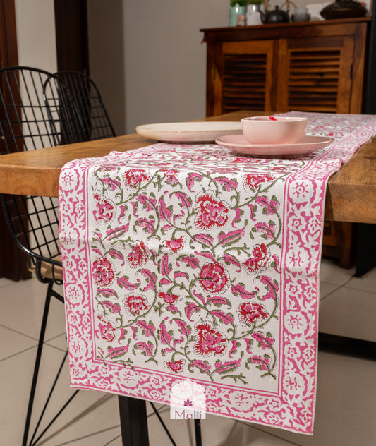 Pink & red bloom jaal - 6 seater runner in canvas cotton
