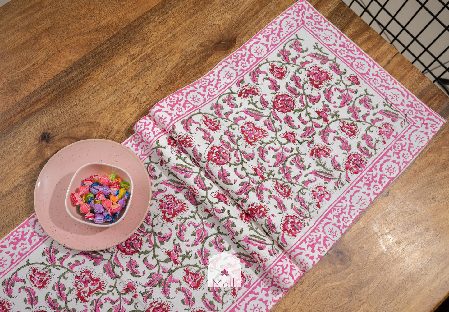 Pink & red bloom jaal - 6 seater runner in canvas cotton