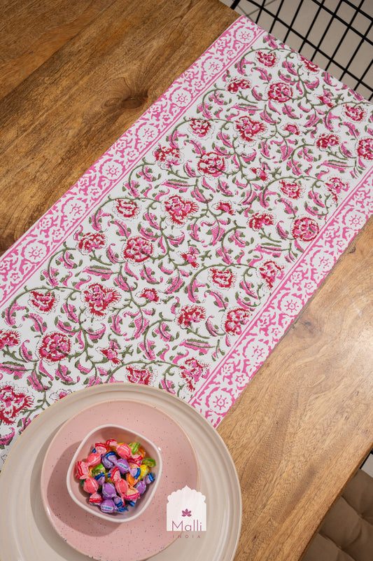 Pink & red bloom jaal - 6 seater runner in canvas cotton