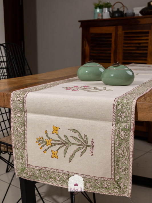 Pink & yellow florals on cream base - 6 seater runner in canvas cotton