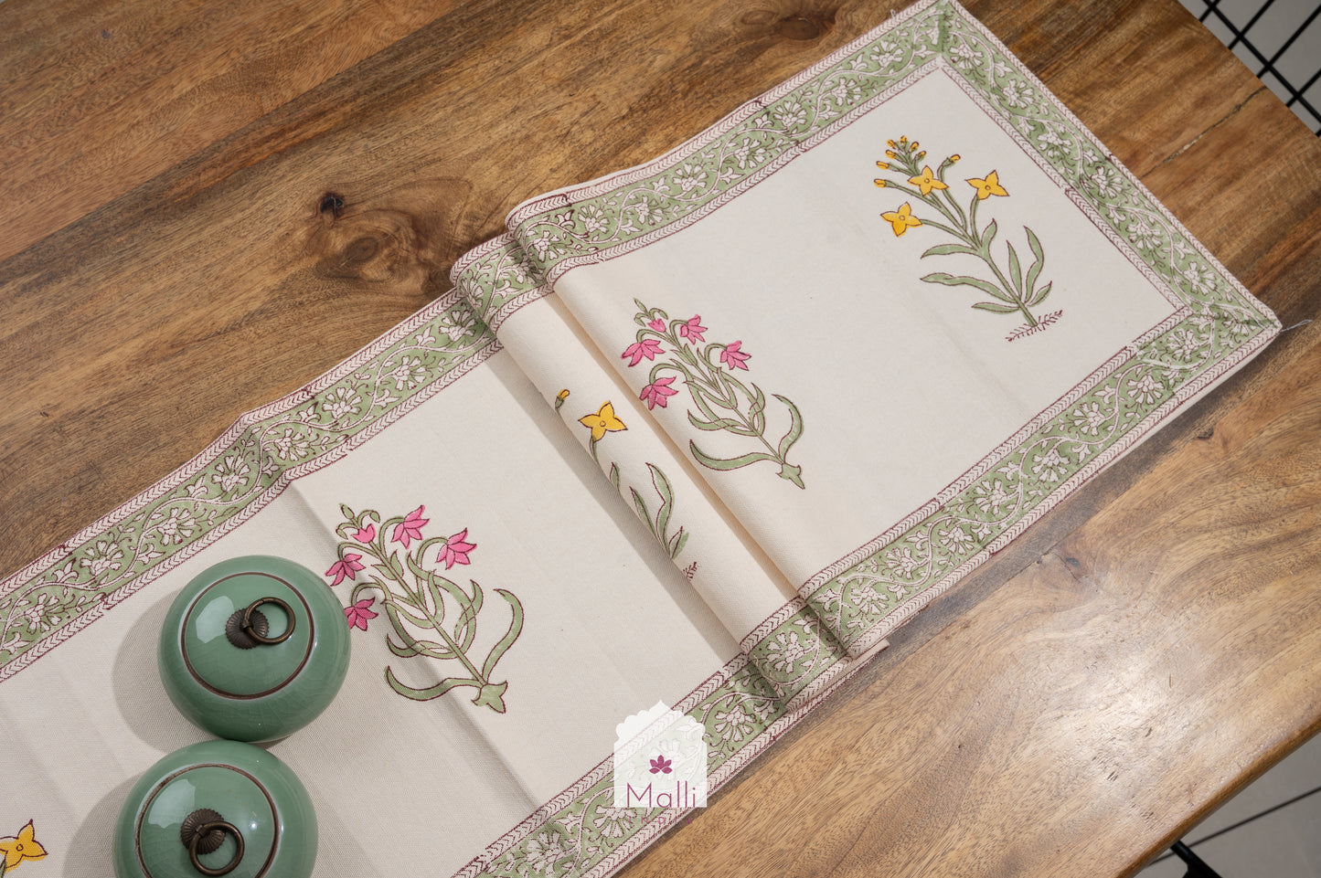 Pink & yellow florals on cream base - 6 seater runner in canvas cotton
