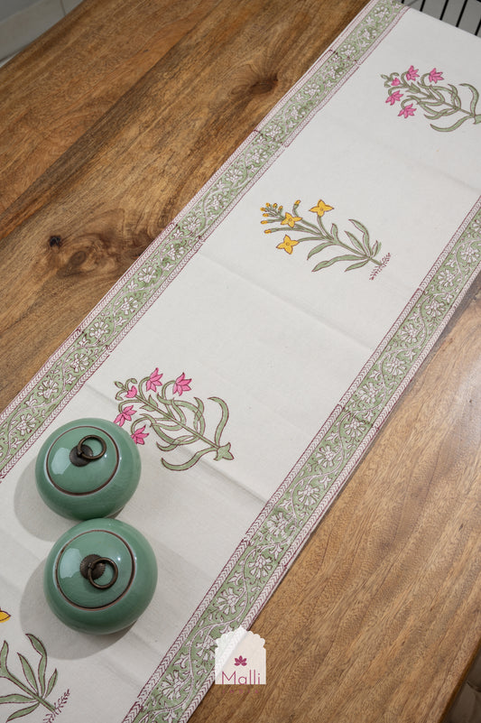 Pink & yellow florals on cream base - 6 seater runner in canvas cotton