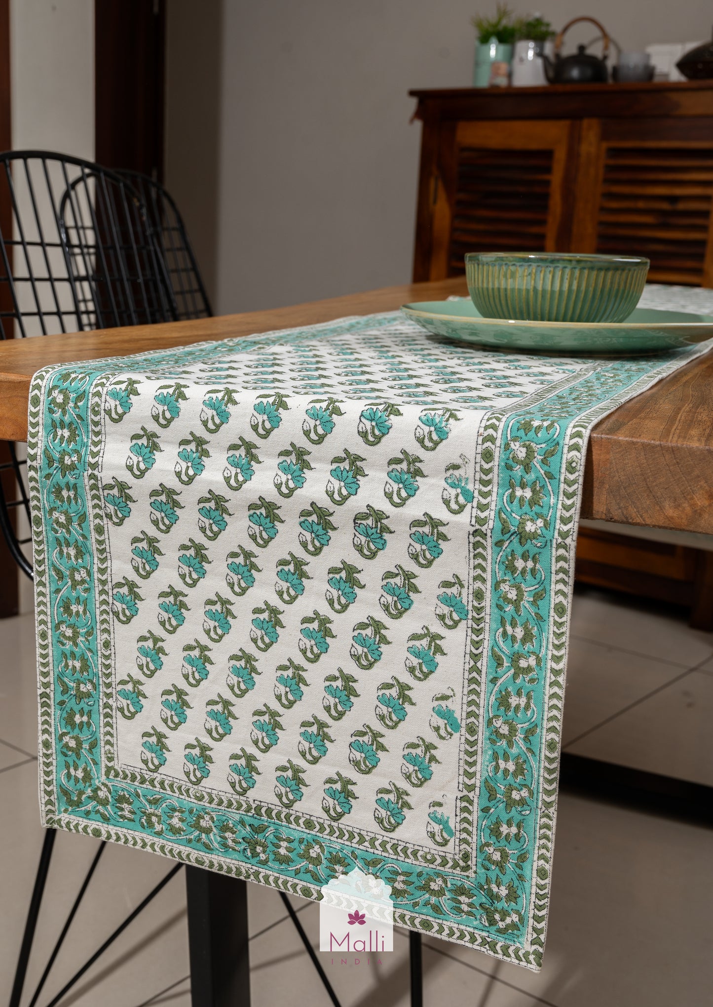 Turquoise buti with border - 6 seater runner in canvas cotton