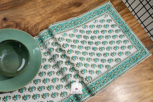 Turquoise buti with border - 6 seater runner in canvas cotton