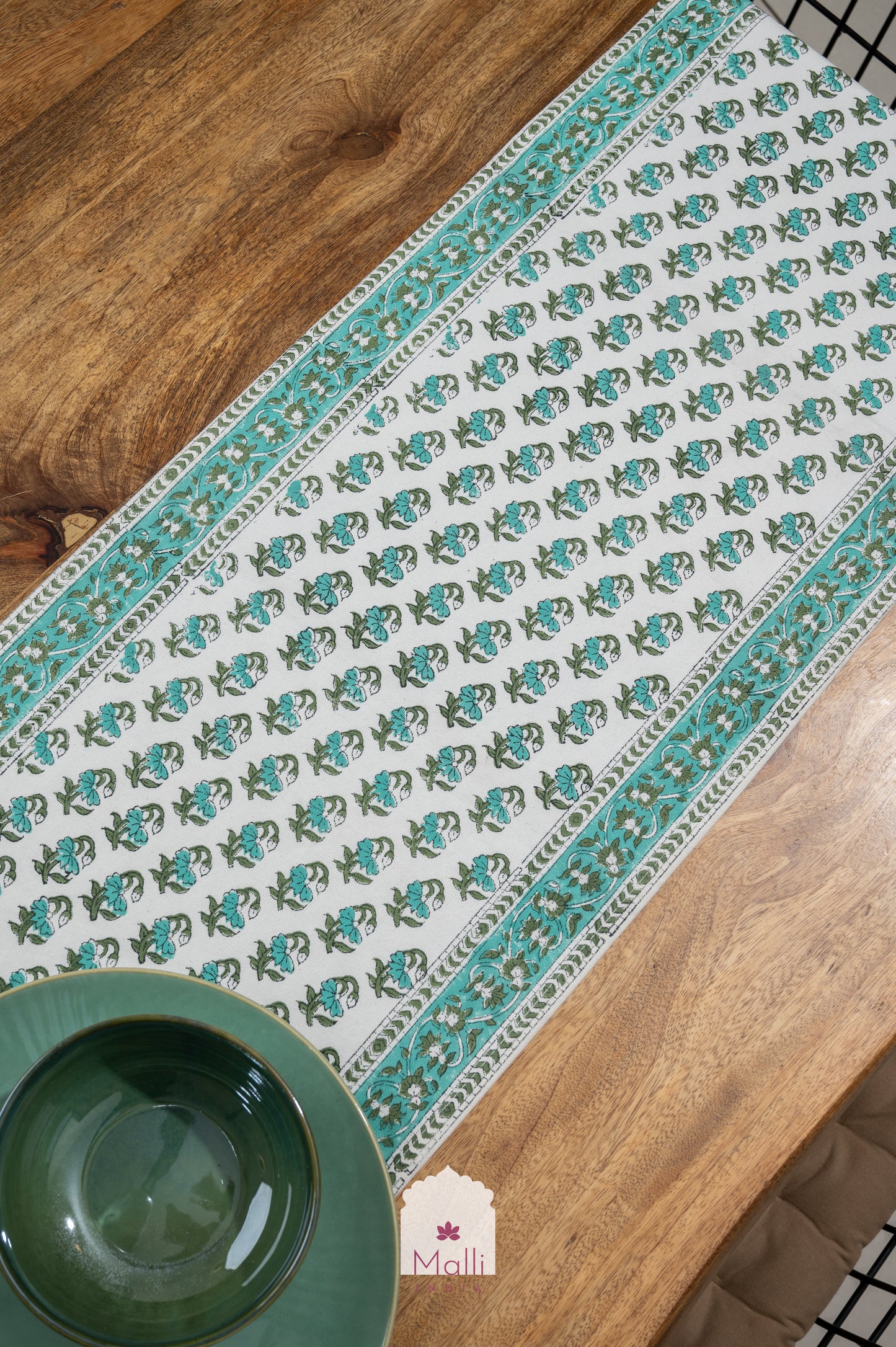 Turquoise buti with border - 6 seater runner in canvas cotton