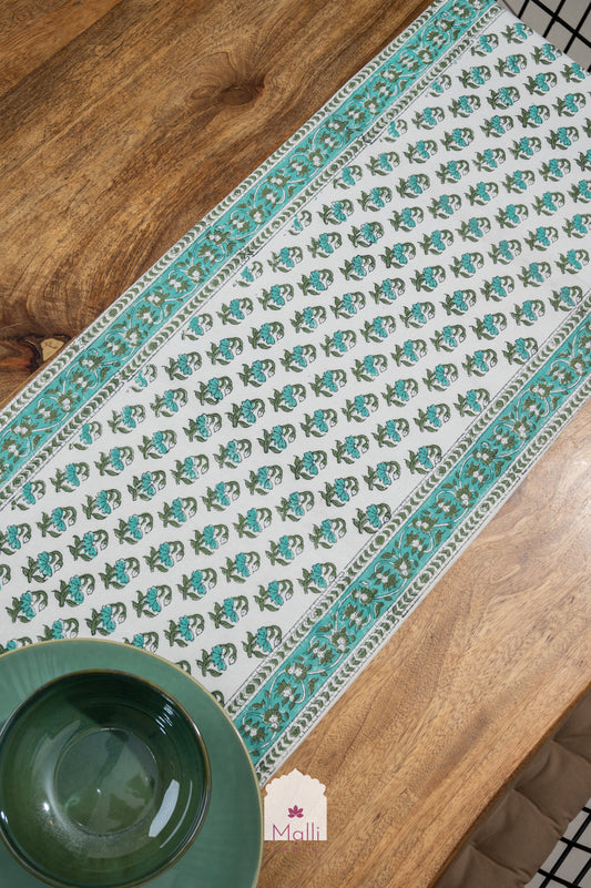 Turquoise buti with border - 6 seater runner in canvas cotton
