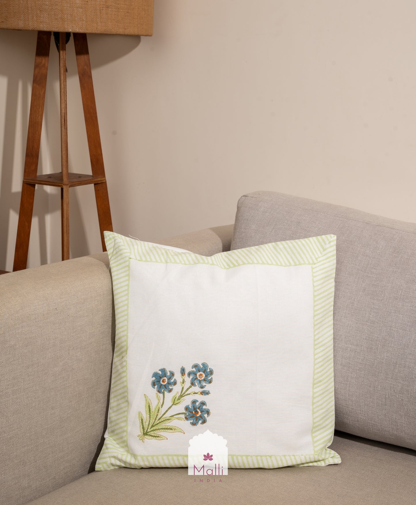 Blue bunch with green border - Cushion cover in handblock print