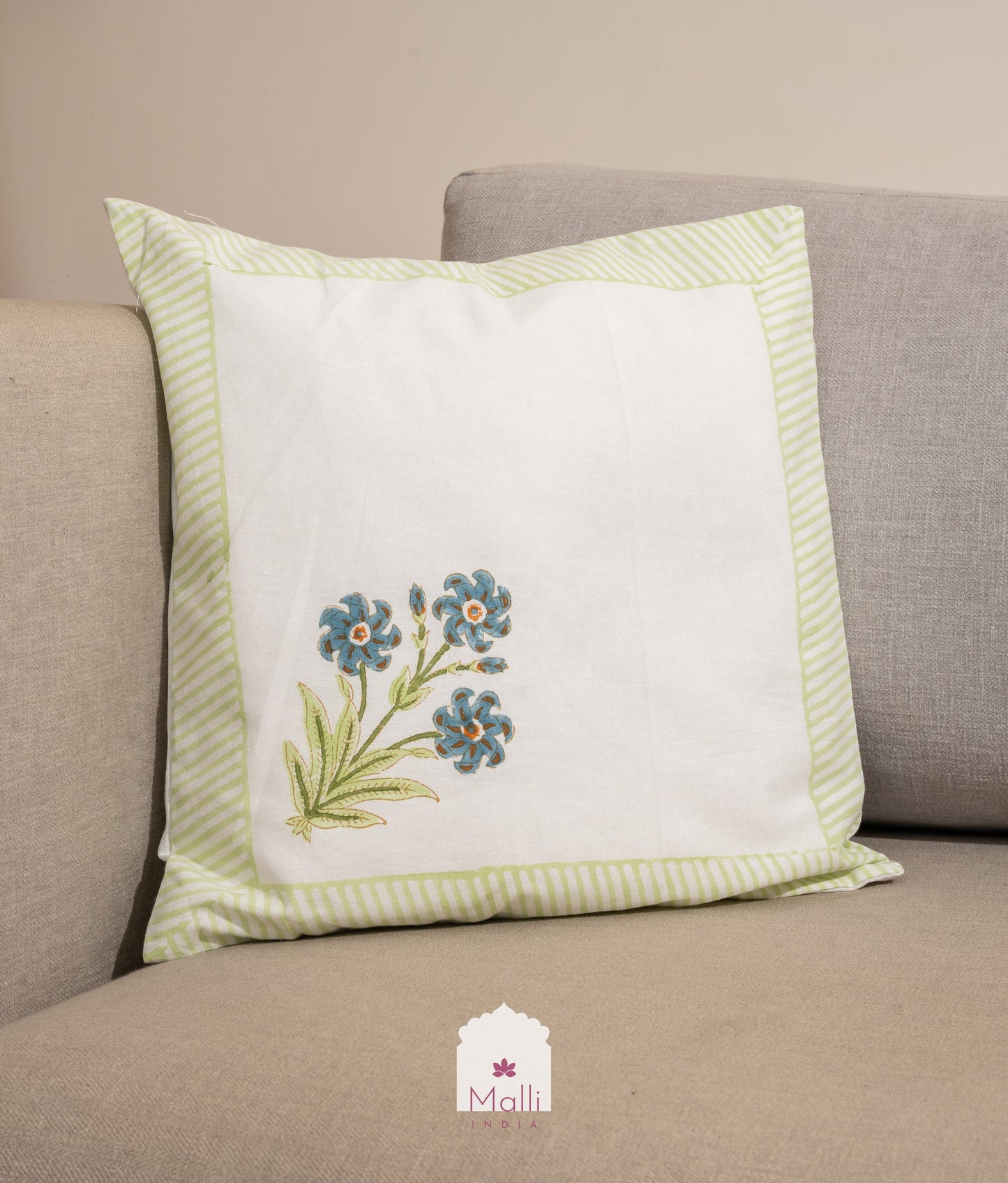Blue bunch with green border - Cushion cover in handblock print