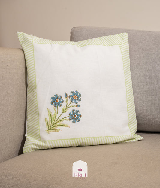 Blue bunch with green border - Cushion cover in handblock print