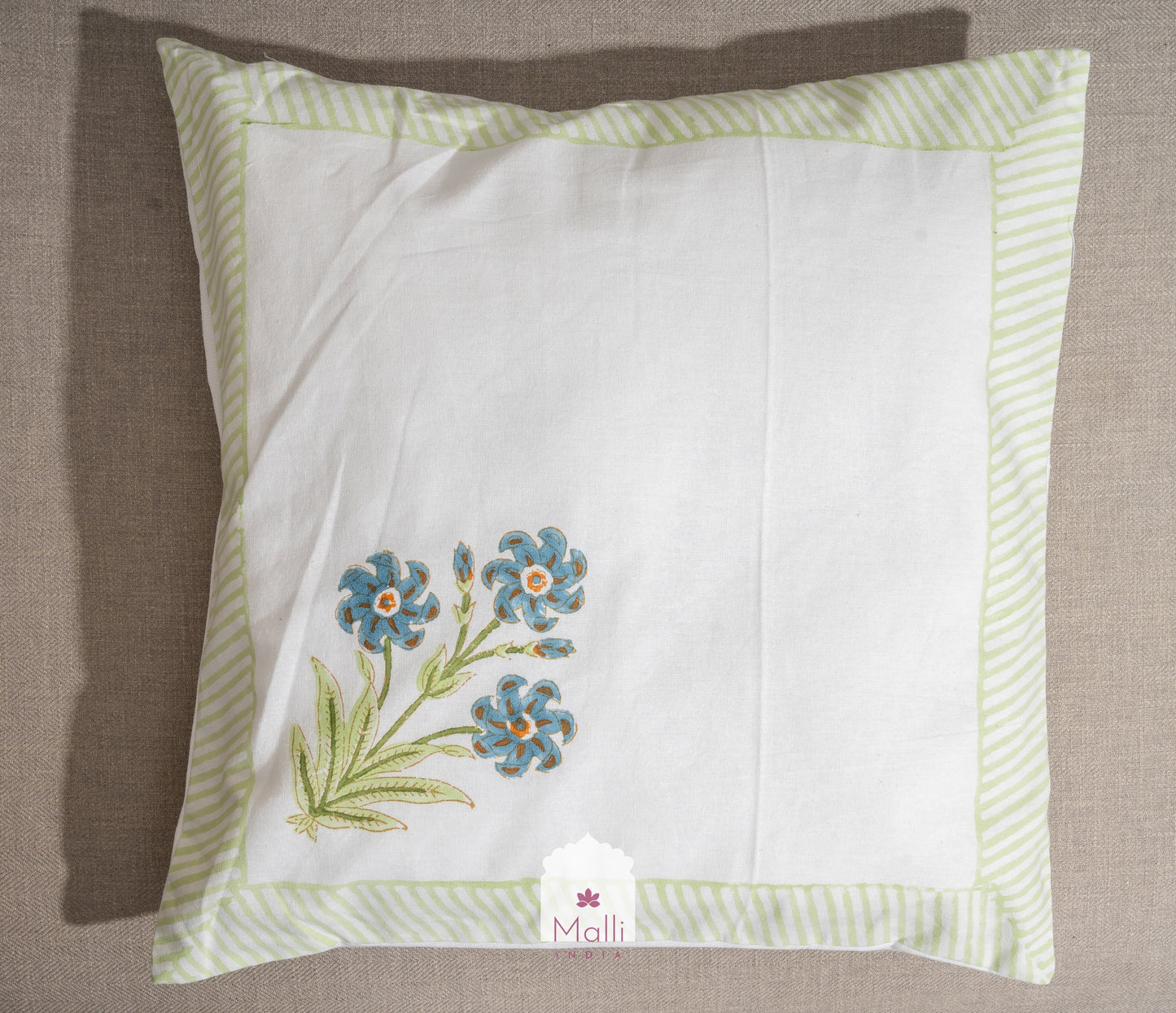 Blue bunch with green border - Cushion cover in handblock print