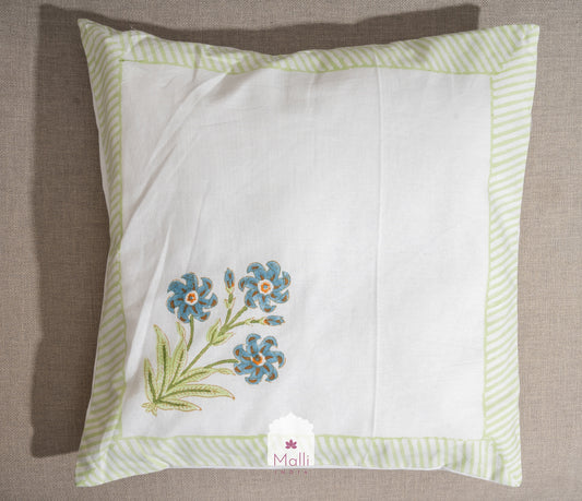 Blue bunch with green border - Cushion cover in handblock print