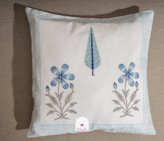 Blue flowers & leaf - Cushion cover in handblock print
