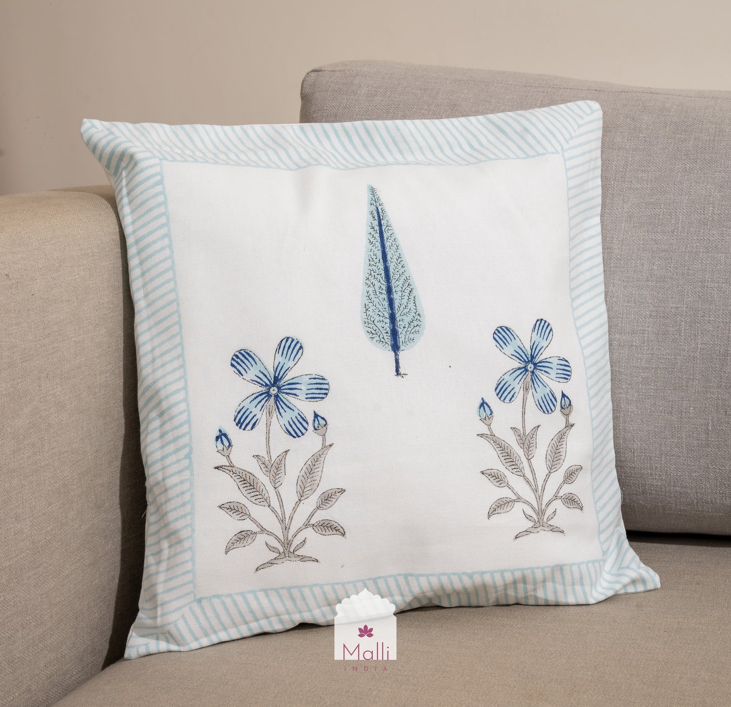 Blue flowers & leaf - Cushion cover in handblock print