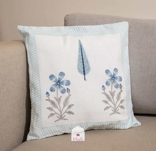 Blue flowers & leaf - Cushion cover in handblock print