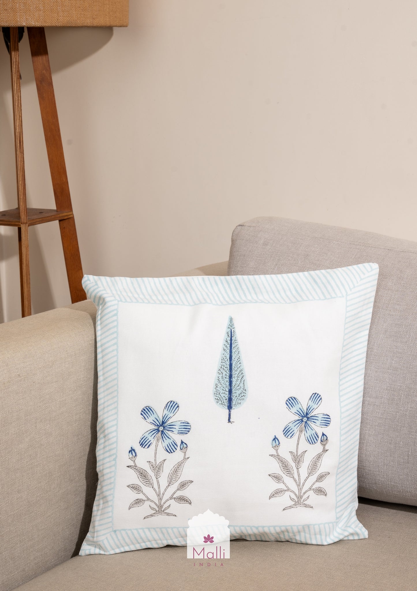Blue flowers & leaf - Cushion cover in handblock print