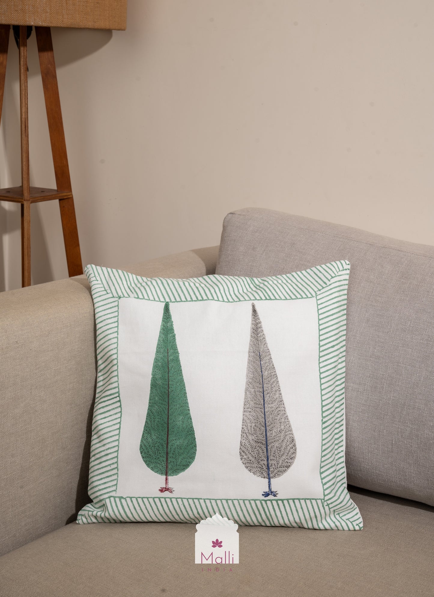 Grey & green leaf buti - Cushion cover in handblock print