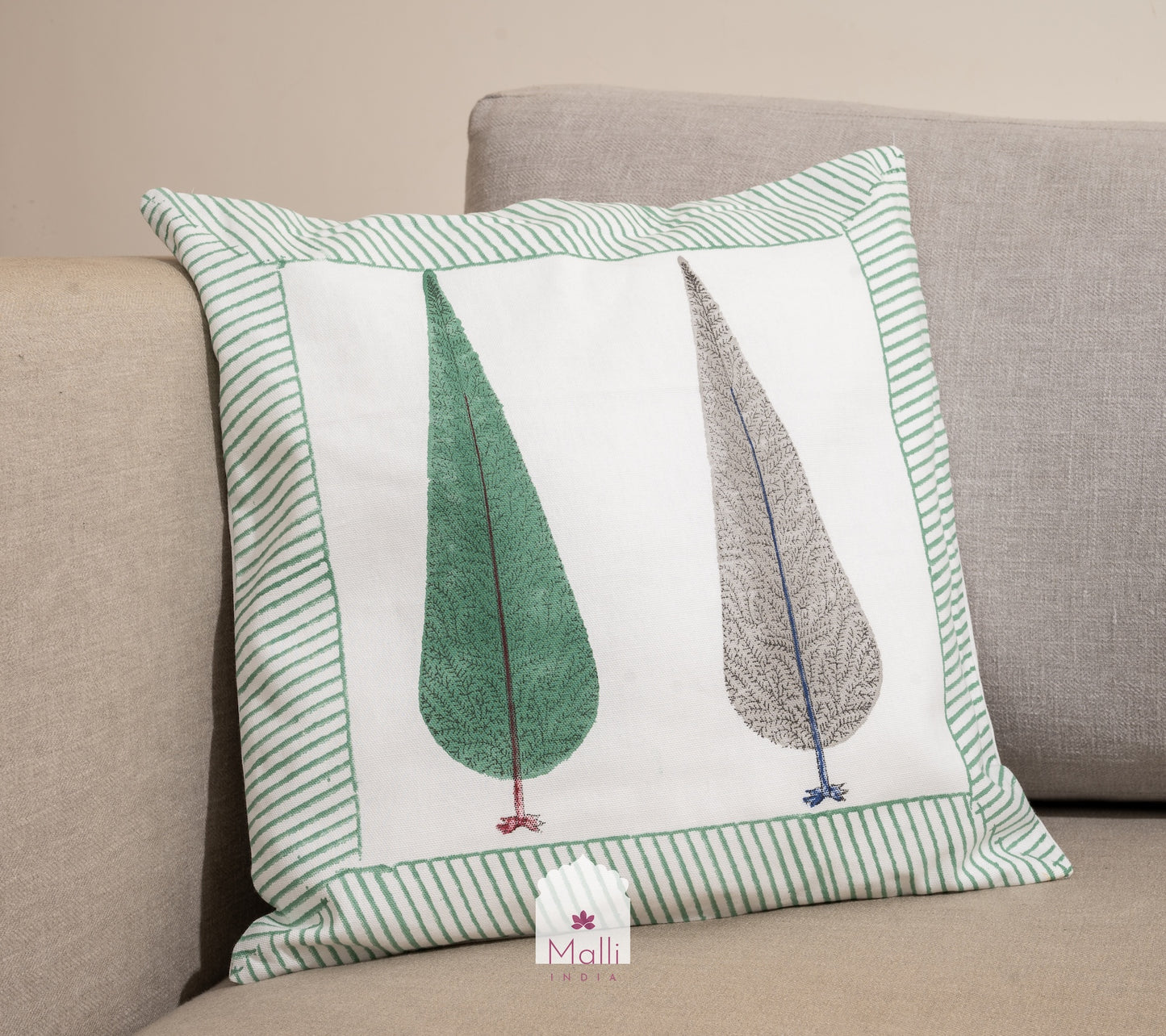 Grey & green leaf buti - Cushion cover in handblock print