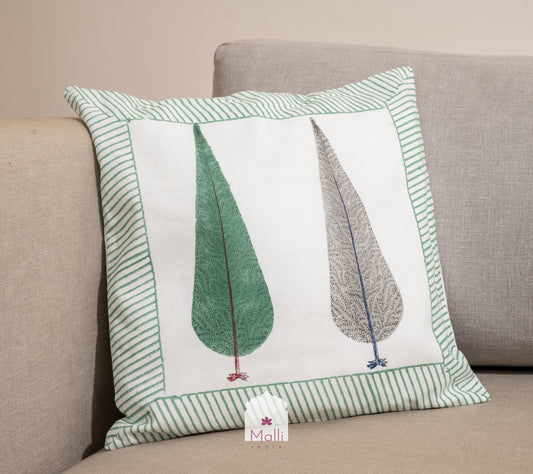 Grey & green leaf buti - Cushion cover in handblock print