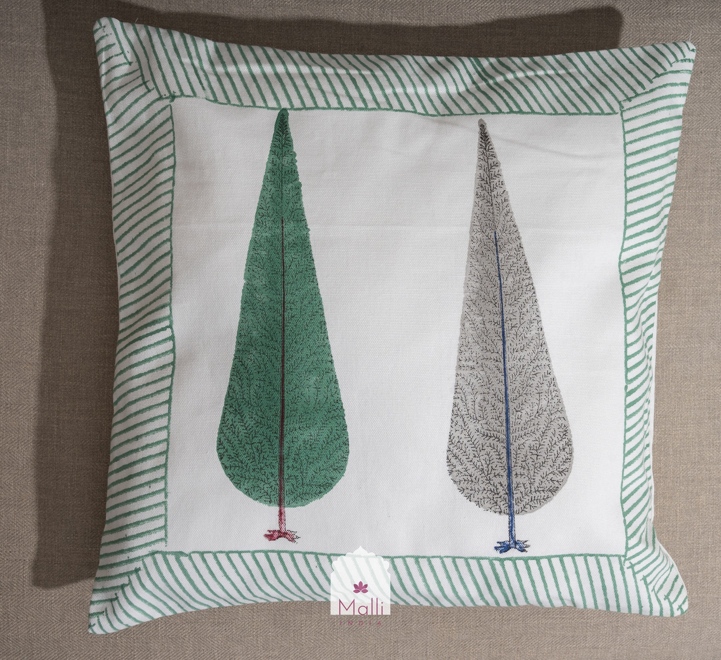 Grey & green leaf buti - Cushion cover in handblock print
