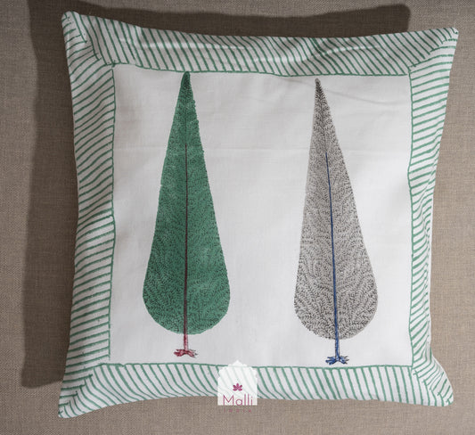 Grey & green leaf buti - Cushion cover in handblock print