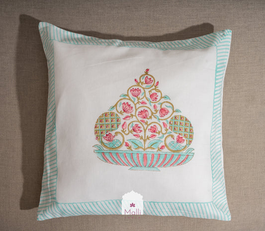 Pink & blue floral bowl - Cushion cover in handblock print