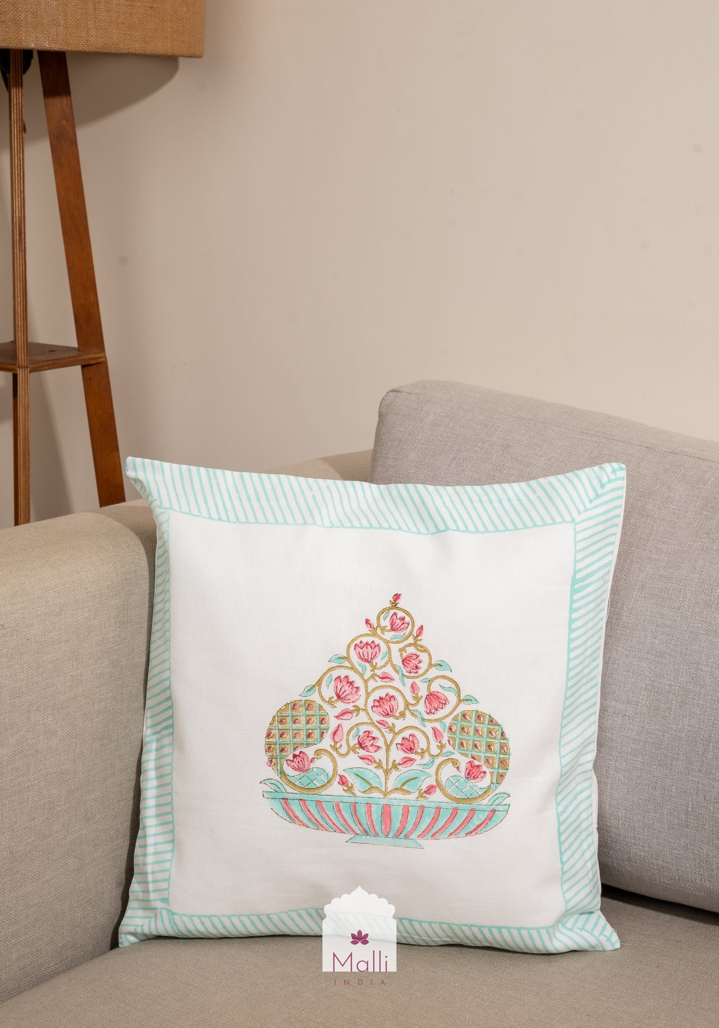 Pink & blue floral bowl - Cushion cover in handblock print