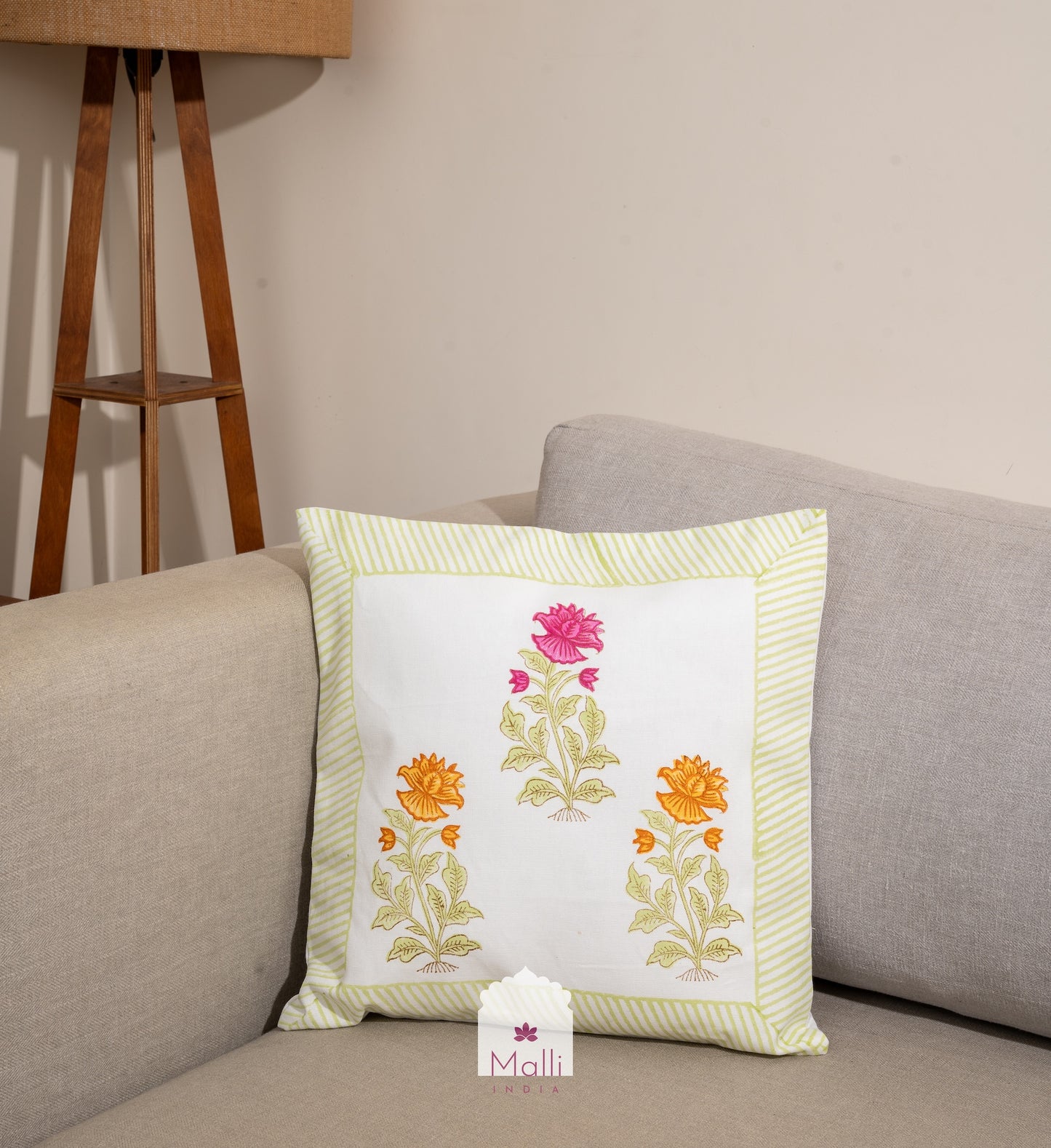 Pink & orange floral buti - Cushion cover in handblock print