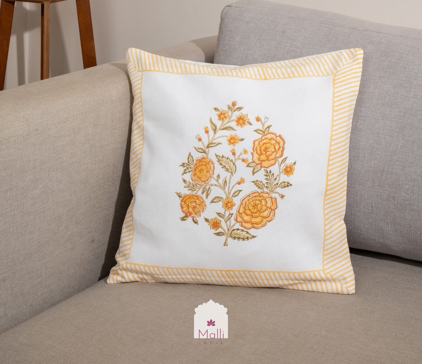Yellow roses - Cushion cover in handblock print