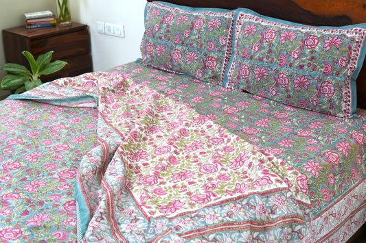 Turquoise royals handblock printed pure mulmul dohar with cotton bedsheet - 4 pieces bedding set (King / Queen Size)
