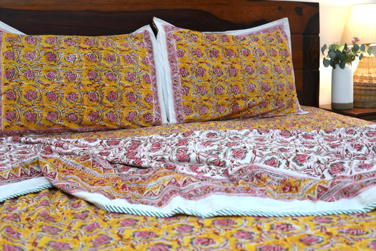 Pink bloom on yellow handblock printed pure mulmul dohar with cotton bedsheet - 4 pieces bedding set (King / Queen Size)