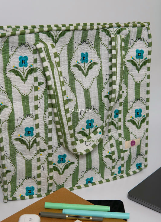 Travel tote bag with zipper closure - Green stripes on white with blue florals