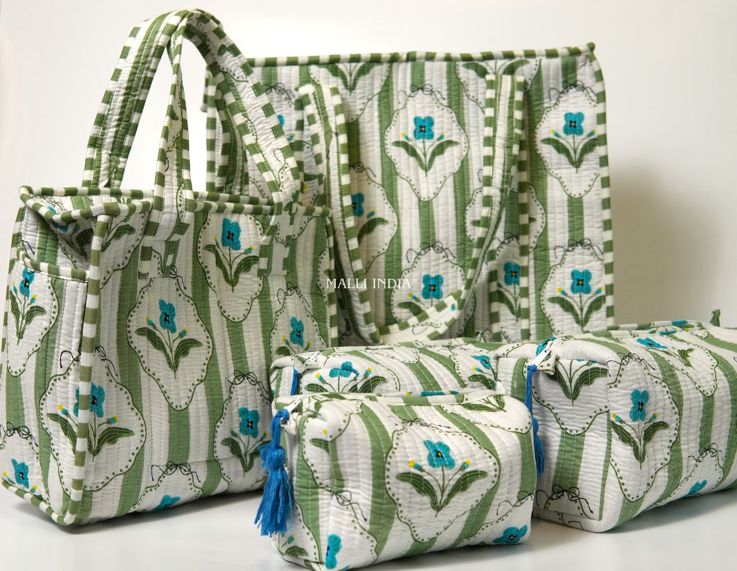 Travel tote bag with zipper closure - Green stripes on white with blue florals