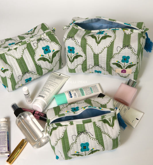 Set of 3 Vanity Pouches - Green stripes on white with blue florals
