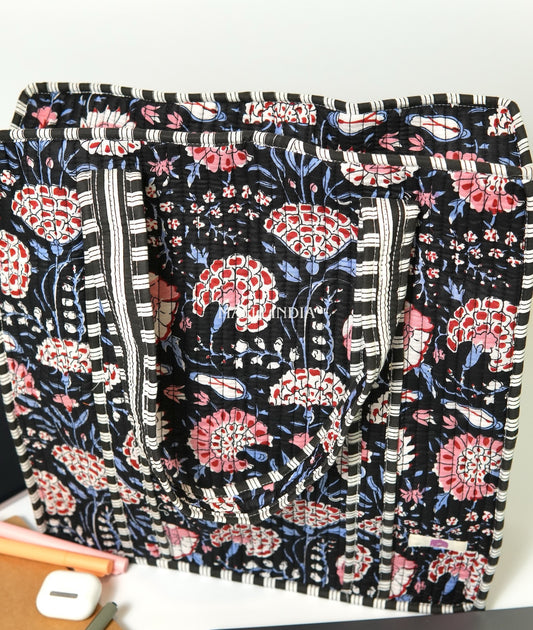Travel tote bag with zipper closure - Red & blue florals on black in gadh print