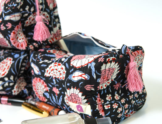 Set of 3 Vanity Pouches - Red & blue florals on black in gadh print