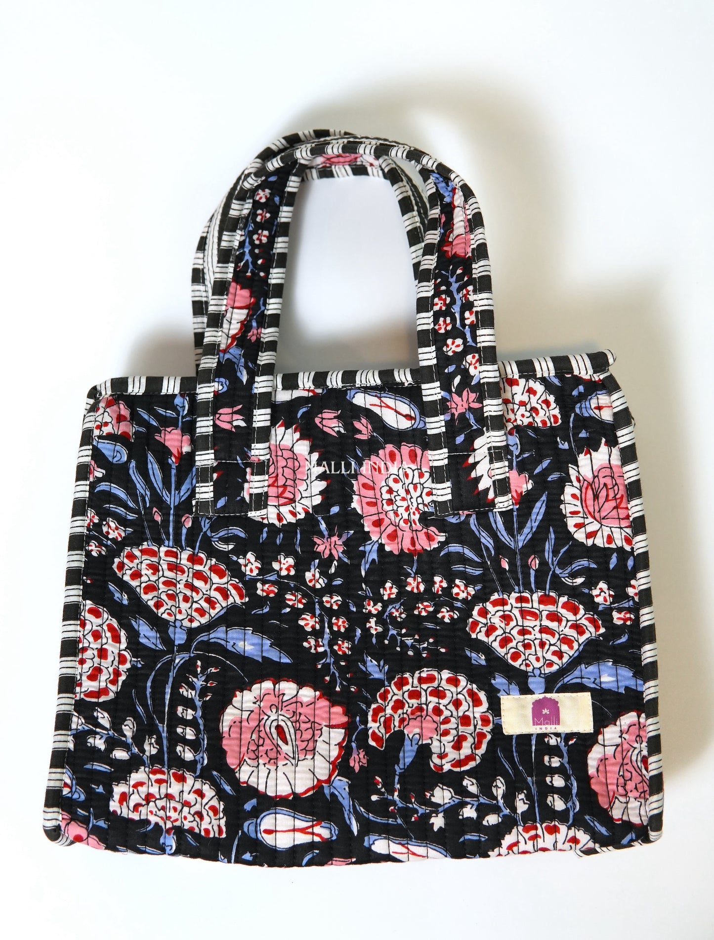 Lunch bag with zipper closure - Red & blue florals on black in gadh print