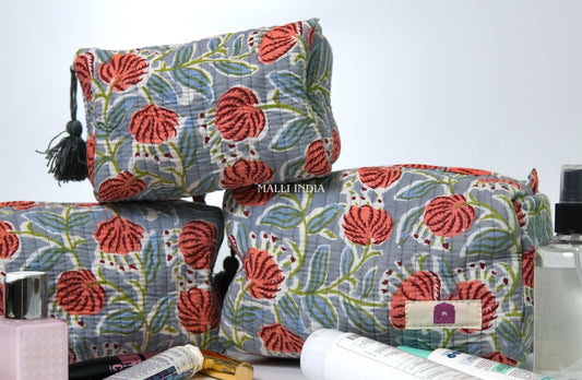 Set of 3 Vanity Pouches - Red poppies on grey