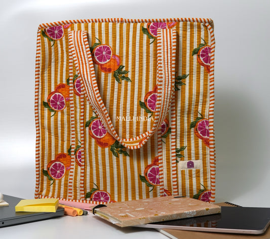 Travel tote bag with zipper closure - Red oranges on yellow stripes